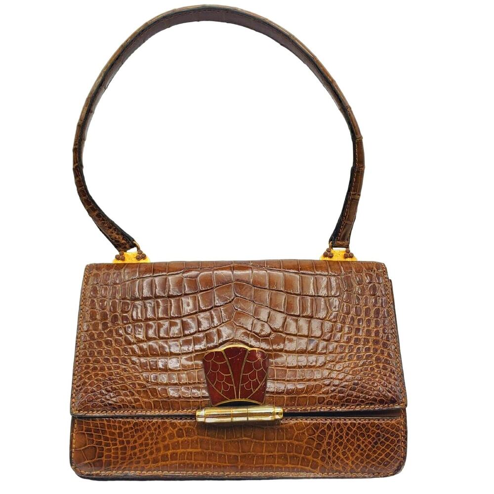 Vintage Lederer Handbag Brown Leather France 5th Ave NY Evening Bag Clutch 1950s